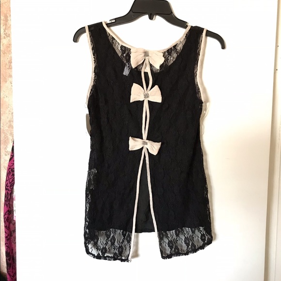Black and Tan bling trim sheer tank top. Bow back - Picture 1 of 5